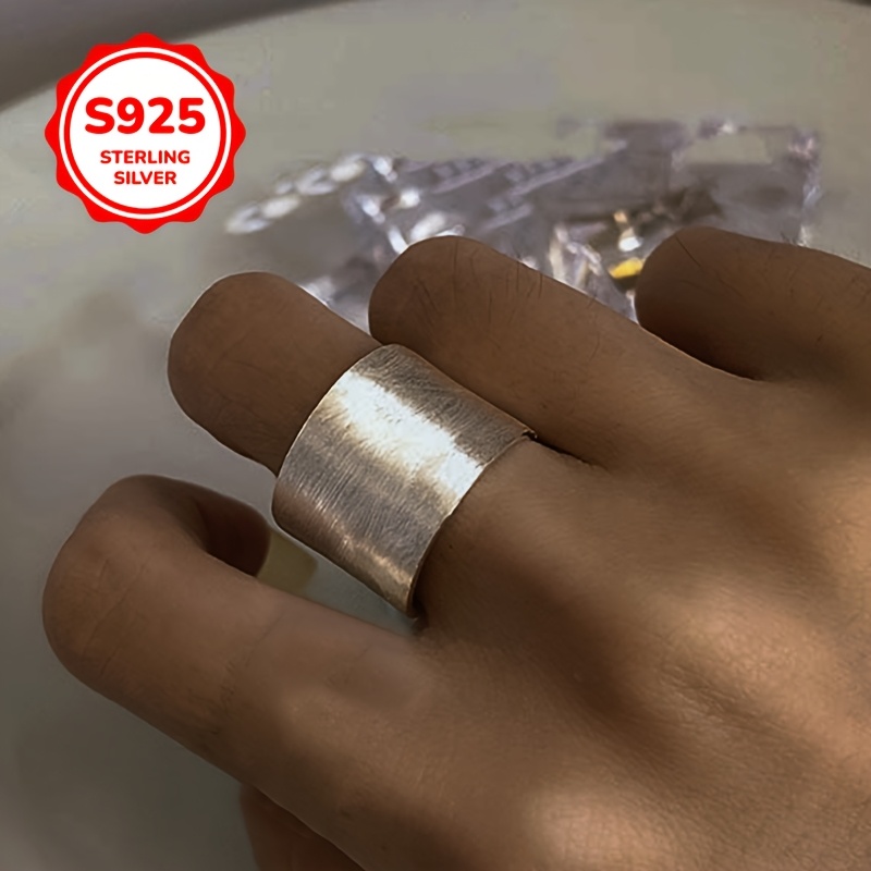 925 Silver Adjustable Brushed Geometric Wide Band Ring